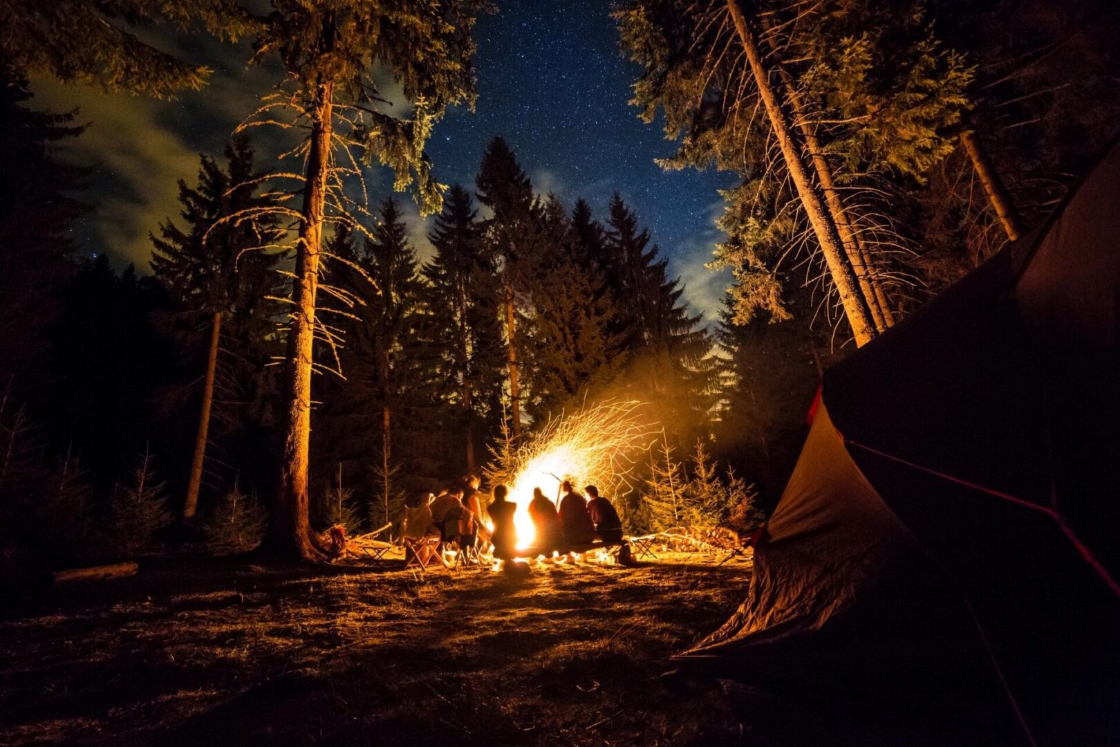 A group of people sitting around a fire in the woods.